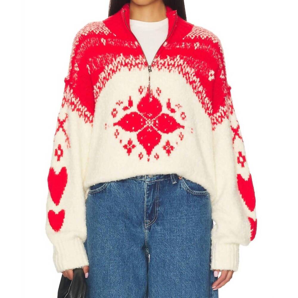 NEW FREE PEOPLE mythical knit sweater in vanilla scarlet combo